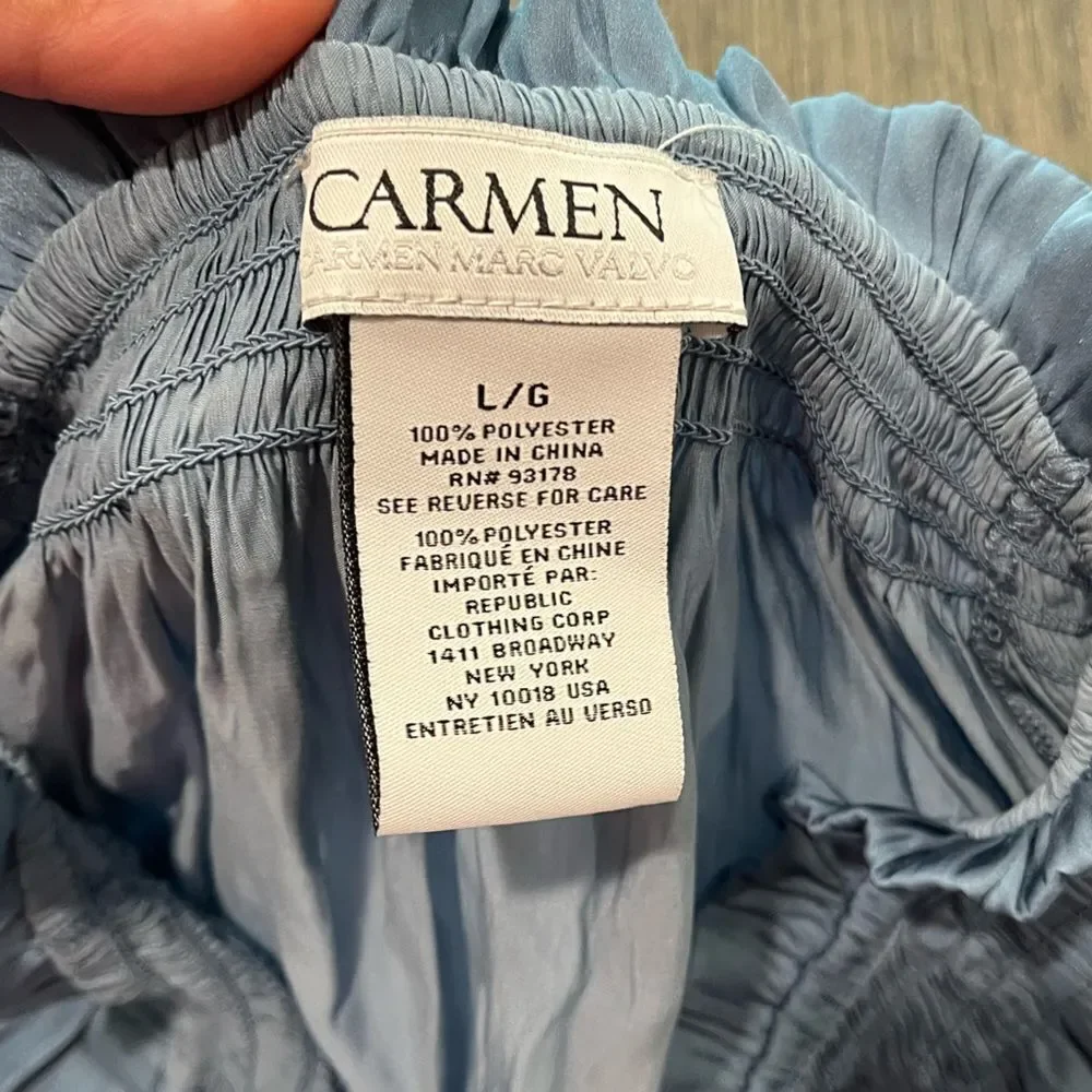 Carmen Marc Valvo Dusty Blue Tie Neck Long Sleeve Blouse Size L - Picture 2 of 3